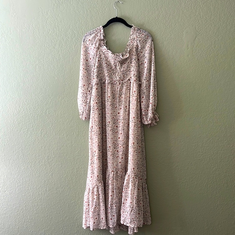 Ivory Floral Smocked 3/4 Sleeve Maternity Dress